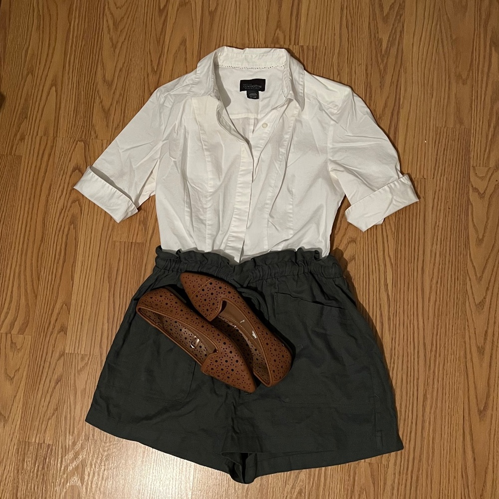 White button up Shirt, Green Shorts